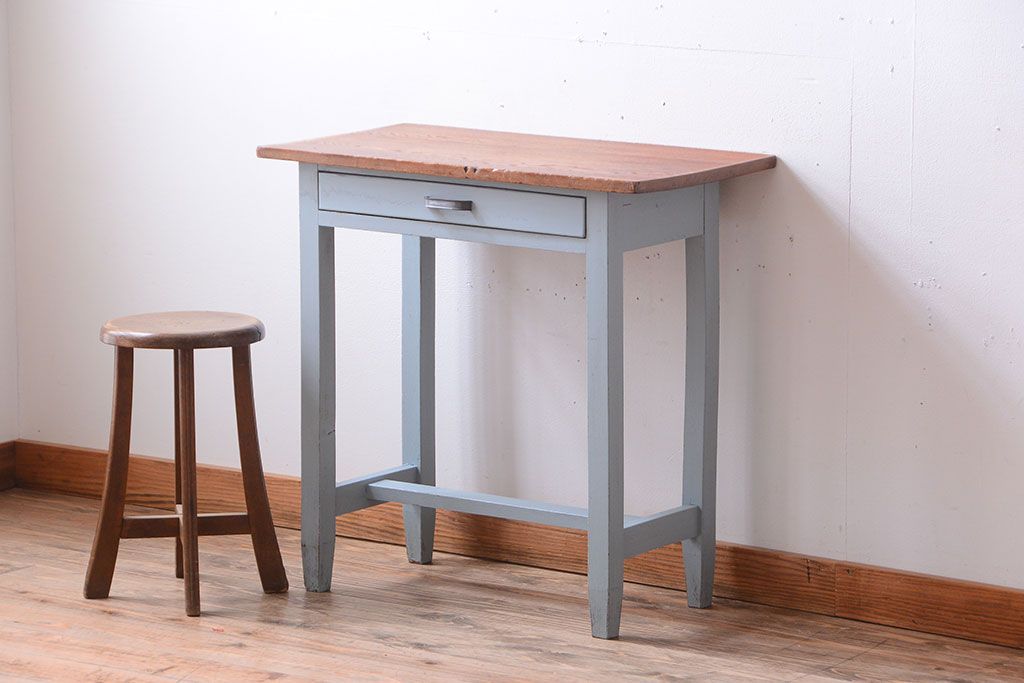 レトロ家具　アンティークペイント　古い木のレトロな平机(デスク)(2)