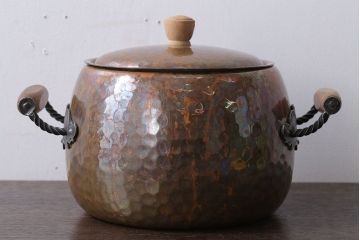 アンティーク雑貨　ビンテージ　スイスStockli Netstal　木製取っ手の銅製両手鍋