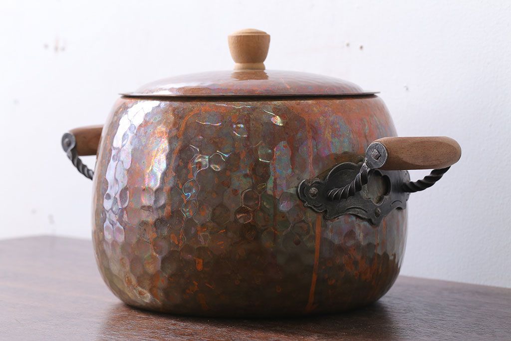 アンティーク雑貨　ビンテージ　スイスStockli Netstal　木製取っ手の銅製両手鍋