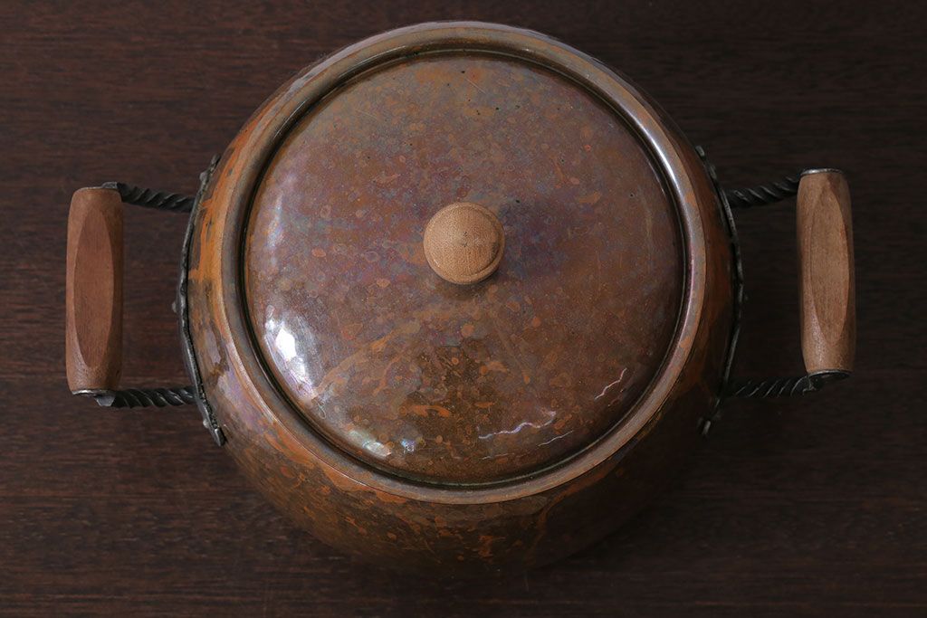 アンティーク雑貨　ビンテージ　スイスStockli Netstal　木製取っ手の銅製両手鍋