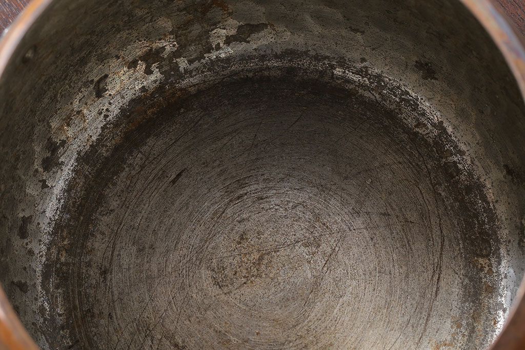 アンティーク雑貨　ビンテージ　スイスStockli Netstal　木製取っ手の銅製両手鍋