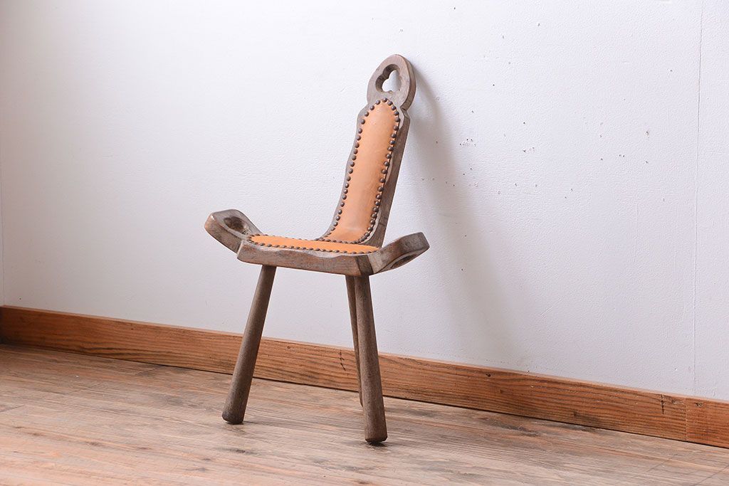 中古　アジアン家具　本革座面のチェア(椅子)(2)