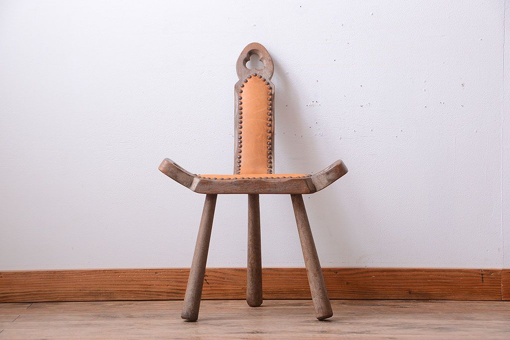 中古　アジアン家具　本革座面のチェア(椅子)(2)