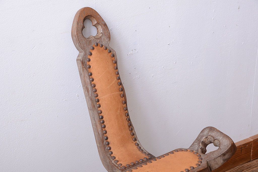 中古　アジアン家具　本革座面のチェア(椅子)(2)