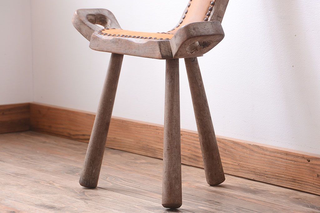 中古　アジアン家具　本革座面のチェア(椅子)(2)