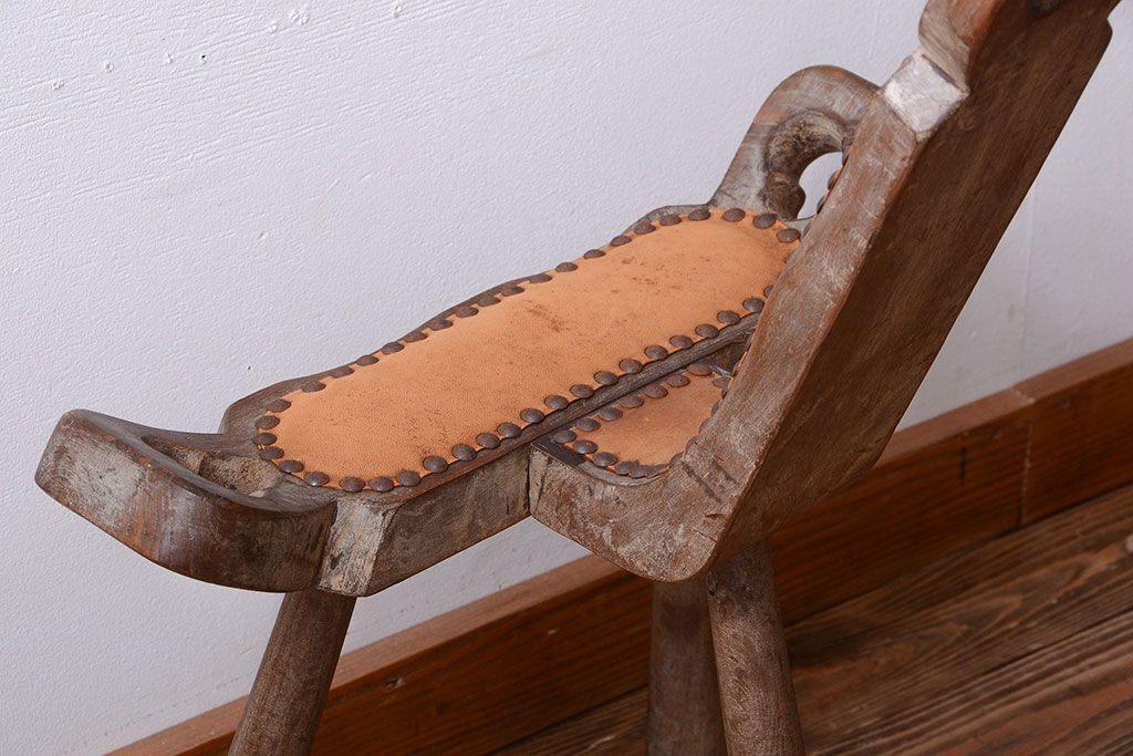 中古　アジアン家具　本革座面のチェア(椅子)(2)