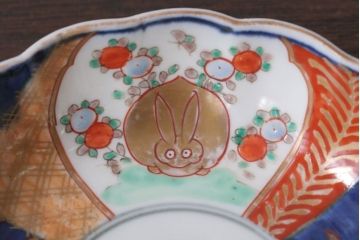 アンティーク雑貨　アンティーク　明治〜大正期　金襴手　色絵なます皿　2客セット(兎図)