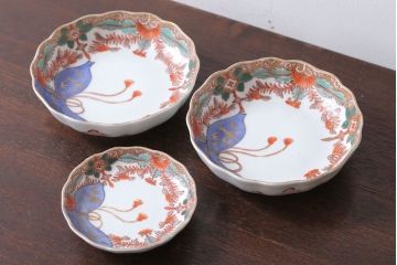 アンティーク雑貨　アンティーク　幕末〜明治　瓢箪の図　金襴手色絵なます皿など3客