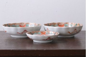 アンティーク雑貨　アンティーク　幕末〜明治　瓢箪の図　金襴手色絵なます皿など3客