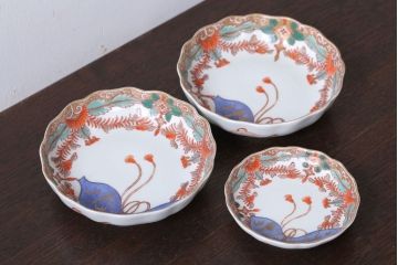 アンティーク雑貨　アンティーク　幕末〜明治　瓢箪の図　金襴手色絵なます皿など3客