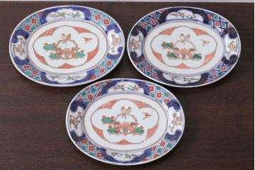 アンティーク雑貨　古民具・骨董　明治〜大正期　色絵錦手楕円皿3客