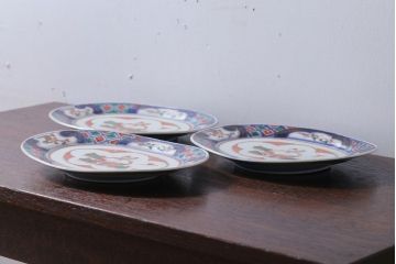 アンティーク雑貨　古民具・骨董　明治〜大正期　色絵錦手楕円皿3客
