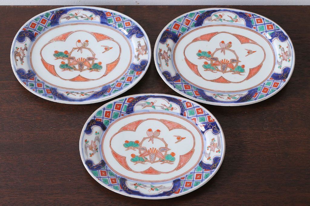 アンティーク雑貨　古民具・骨董　明治〜大正期　色絵錦手楕円皿3客(2)