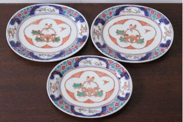 アンティーク雑貨　古民具・骨董　明治〜大正期　色絵錦手楕円皿3客(2)