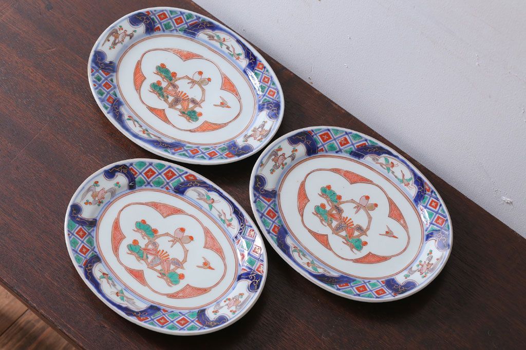 アンティーク雑貨　古民具・骨董　明治〜大正期　色絵錦手楕円皿3客(2)