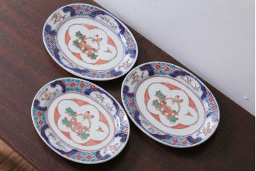 アンティーク雑貨　古民具・骨董　明治〜大正期　色絵錦手楕円皿3客(2)