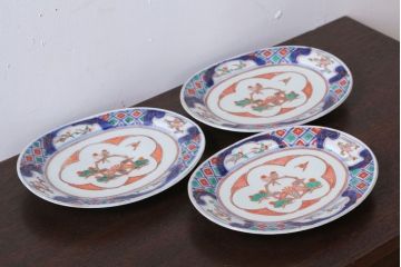 アンティーク雑貨　古民具・骨董　明治〜大正期　色絵錦手楕円皿3客(2)