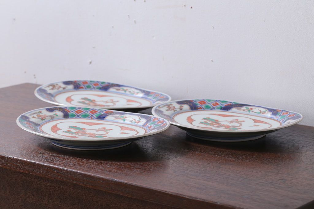 アンティーク雑貨　古民具・骨董　明治〜大正期　色絵錦手楕円皿3客(2)