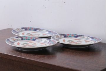 アンティーク雑貨　古民具・骨董　明治〜大正期　色絵錦手楕円皿3客(2)