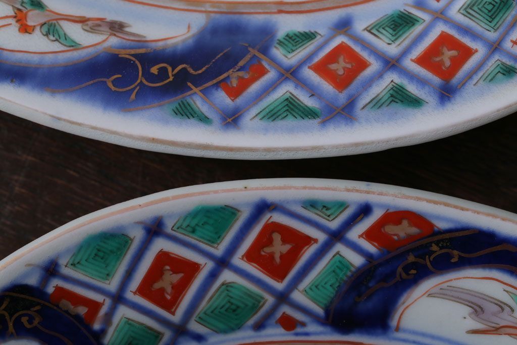 アンティーク雑貨　古民具・骨董　明治〜大正期　色絵錦手楕円皿3客(2)