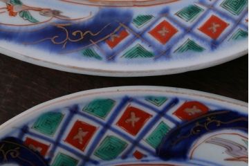 アンティーク雑貨　古民具・骨董　明治〜大正期　色絵錦手楕円皿3客(2)