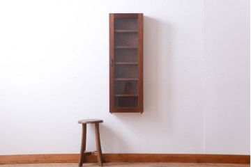 アンティーク家具　アンティーク　気泡ガラス入り!古い木製のお洒落な縦型壁掛け戸棚(2)