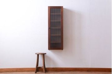 アンティーク家具　アンティーク　モールガラス入り!古い木製のお洒落な縦型壁掛け戸棚(3)