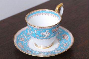アンティーク雑貨　イギリスビンテージ　CROWN STAFFORDSHIRE(クラウンスタッフォードシャー)ELLESMERE(エルズミーア)TURQUOISE(ターコイズ)カップ&ソーサー(洋食器)