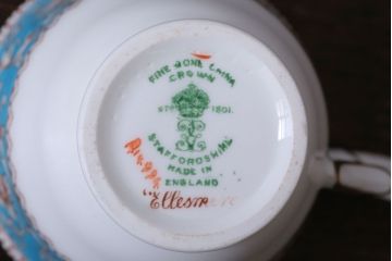 アンティーク雑貨　イギリスビンテージ　CROWN STAFFORDSHIRE(クラウンスタッフォードシャー)ELLESMERE(エルズミーア)TURQUOISE(ターコイズ)カップ&ソーサー(洋食器)