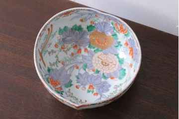 古民具・骨董　明治期 桃形鳳凰に牡丹の図　色絵深鉢(二重高台・皿・伊万里)