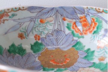 古民具・骨董　明治期 桃形鳳凰に牡丹の図　色絵深鉢(二重高台・皿・伊万里)