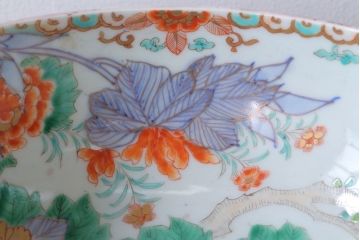 古民具・骨董　明治期 桃形鳳凰に牡丹の図　色絵深鉢(二重高台・皿・伊万里)