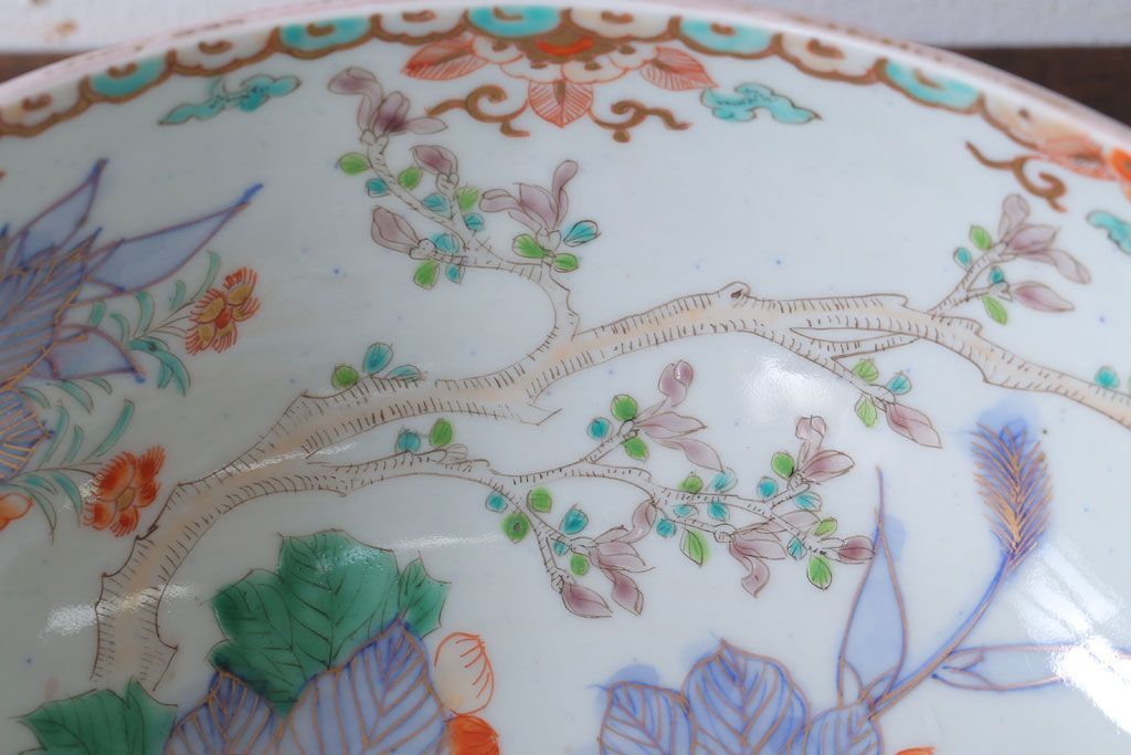古民具・骨董　明治期 桃形鳳凰に牡丹の図　色絵深鉢(二重高台・皿・伊万里)