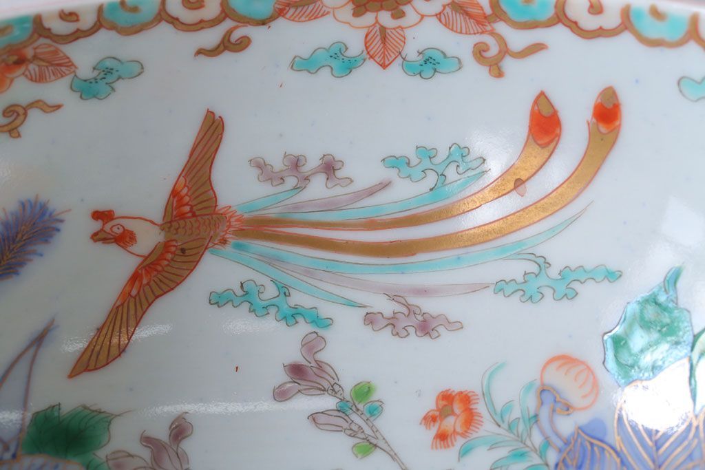 古民具・骨董　明治期 桃形鳳凰に牡丹の図　色絵深鉢(二重高台・皿・伊万里)