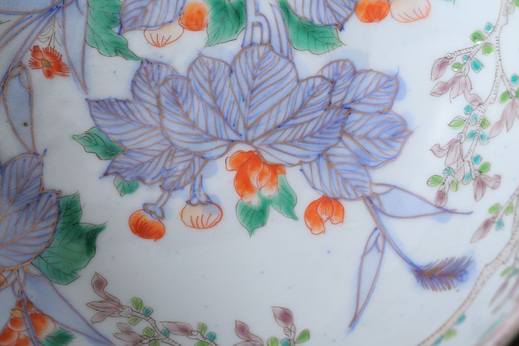 古民具・骨董　明治期 桃形鳳凰に牡丹の図　色絵深鉢(二重高台・皿・伊万里)