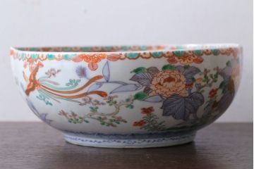 古民具・骨董　明治期 桃形鳳凰に牡丹の図　色絵深鉢(二重高台・皿・伊万里)