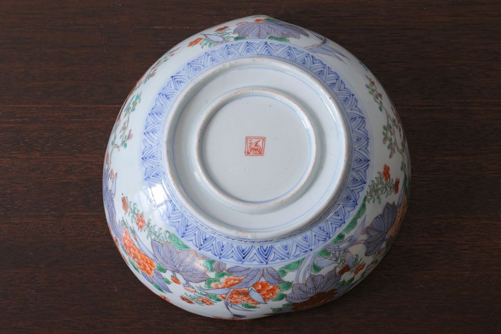古民具・骨董　明治期 桃形鳳凰に牡丹の図　色絵深鉢(二重高台・皿・伊万里)