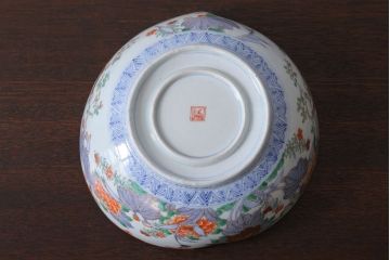 古民具・骨董　明治期 桃形鳳凰に牡丹の図　色絵深鉢(二重高台・皿・伊万里)