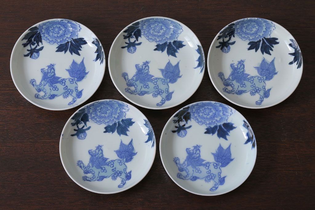 アンティーク雑貨　古民具・骨董　大正〜昭和初期!唐獅子牡丹　小皿5枚(伊万里)