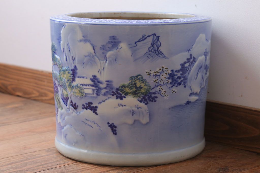 アンティーク雑貨　古民具・骨董　山水図　アンティーク瀬戸火鉢