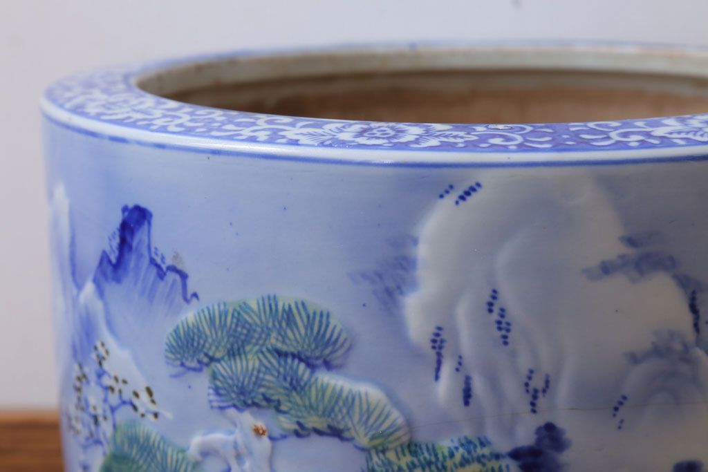 アンティーク雑貨　古民具・骨董　山水図　アンティーク瀬戸火鉢