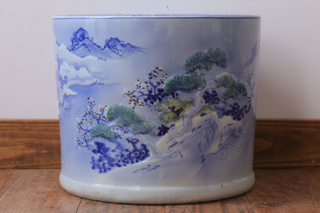 アンティーク雑貨　古民具・骨董　山水図　アンティーク瀬戸火鉢