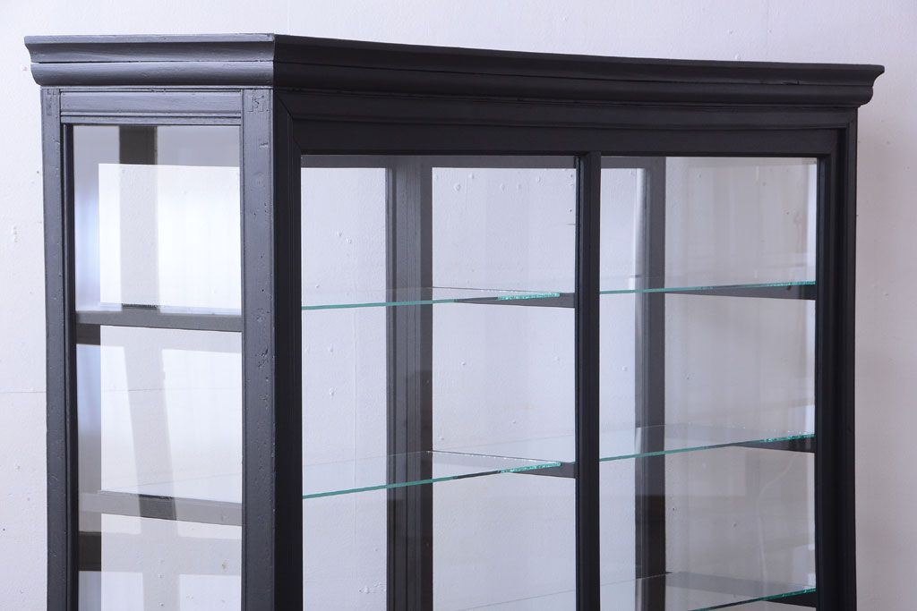 アンティーク家具　大正ロマン　つや消しブラックペイントのアンティークガラスケース