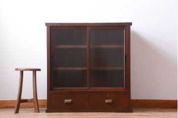 アンティーク家具　和製アンティーク　モールガラス引き戸付き!古い木製の戸棚(収納棚)