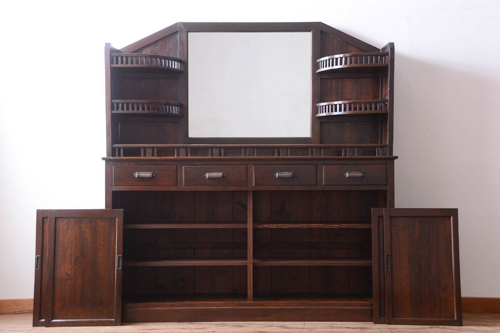 アンティーク家具　大正ロマン　古い木製の特大アンティークキャビネット(収納棚)