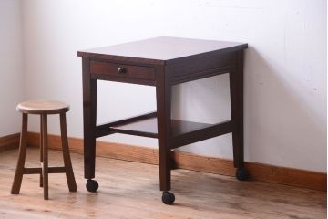 中古　特注品　松本民芸家具　キャスター付きサイドテーブル(机)