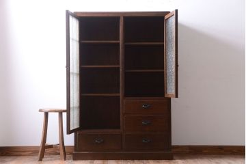 アンティーク家具　和製アンティーク　ダイヤガラス入り!古いナラ材製の上質な本箱(ブックケース)