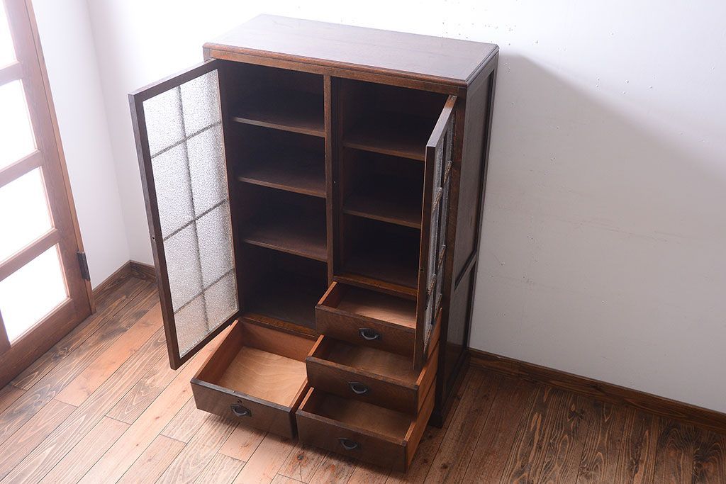 アンティーク家具　和製アンティーク　ダイヤガラス入り!古いナラ材製の上質な本箱(ブックケース)