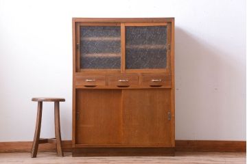 レトロ家具　昭和レトロ　デザインガラス戸!古い木のアンティーク食器棚