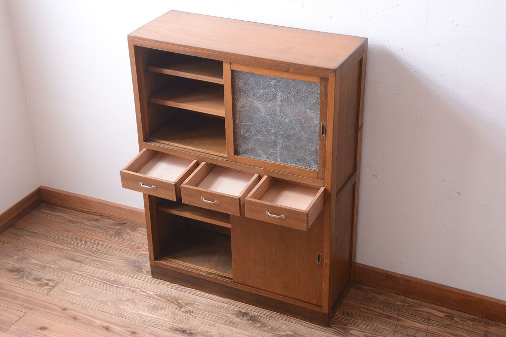 レトロ家具　昭和レトロ　デザインガラス戸!古い木のアンティーク食器棚